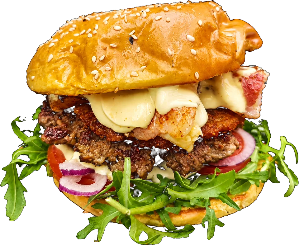 Offener Burger mit Bacon, Rucola, Tomate und Grana Padano