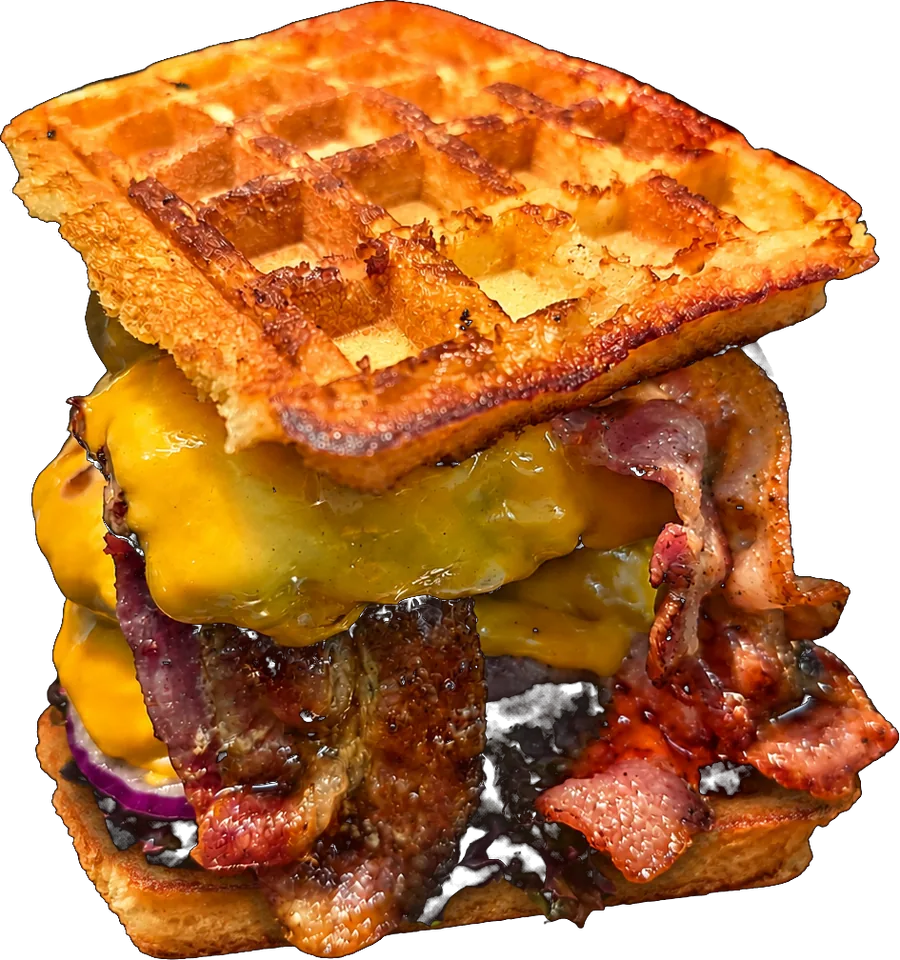 Waffel-Burger mit Cheddar und Bacon